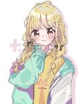  1girl black_ribbon blonde_hair blush braid commentary_request drop_shadow fujita_kotone gakuen_idolmaster hair_ribbon highres hino_syanimasu idolmaster jacket light_smile long_hair looking_at_viewer multicolored_jacket open_clothes open_jacket ribbon shirt simple_background solo twin_braids upper_body white_background yellow_eyes yellow_shirt 