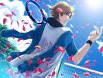  1boy atobe_keigo bad_id blue_eyes blue_jacket blue_sky brown_hair cloud day dutch_angle falling_petals from_behind hand_up jacket jacket_on_shoulders looking_at_viewer looking_back male_focus outdoors parted_lips petals racket red_petals shirt short_hair sky smile solo sportswear sun tennis_net tennis_no_ouji-sama tennis_racket tennis_uniform upper_body white_shirt wristband ywaka 