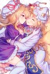  2girls absurdres animal_hat blonde_hair blue_tabard blush breasts choker cleavage closed_mouth commentary_request dress elbow_gloves facing_another fox_tail gloves hat hat_ribbon highres hug kitsune large_breasts long_hair long_sleeves looking_at_another masanaga_(tsukasa) medium_hair mob_cap multiple_girls multiple_tails open_mouth puffy_short_sleeves puffy_sleeves purple_dress purple_eyes red_ribbon ribbon ribbon_choker short_sleeves smile tabard tail thighhighs touhou white_dress white_gloves white_hat white_thighhighs yakumo_ran yakumo_yukari yuri 