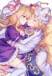 2girls animal_hat blonde_hair blue_tabard blush breasts choker cleavage closed_mouth commentary commentary_request dress elbow_gloves facing_another fox_tail gloves hat hat_ribbon highres hug kitsune large_breasts long_hair long_sleeves looking_at_another masanaga_(tsukasa) medium_hair mob_cap multiple_girls multiple_tails open_mouth puffy_short_sleeves puffy_sleeves purple_dress purple_eyes red_ribbon ribbon ribbon_choker short_sleeves smile tabard tail thighhighs touhou untranslatable_commentary white_dress white_gloves white_hat white_thighhighs yakumo_ran yakumo_yukari yuri 