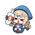  >_< 1girl alcohol artist_request beret blonde_hair braid chibi chibi_only chinese_commentary commentary_request drink from_above girls'_frontline girls'_frontline_2:_exilium hair_ornament hairclip hat holding holding_drink lowres official_art open_mouth papasha_(girls'_frontline_2) ppsh-41_(girls'_frontline) second-party_source solo sparkle transparent_background vodka 