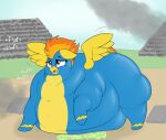  2020 absurd_res clothing czu digital_media_(artwork) equid equine female feral friendship_is_magic hair hasbro hi_res mammal morbidly_obese morbidly_obese_female morbidly_obese_feral my_little_pony obese obese_female obese_feral onomatopoeia orange_eyes orange_hair overweight overweight_female overweight_feral pegasus sound_effects spitfire_(mlp) text uniform wings wonderbolts_(mlp) wonderbolts_uniform yellow_body 