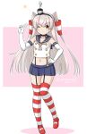  1girl amatsukaze_(kancolle) blue_sailor_collar blue_skirt brown_eyes brown_neckerchief commentary_request cosplay crop_top elbow_gloves garter_straps gloves grey_hair hair_tubes kantai_collection lifebuoy_ornament long_hair masara_(chuujou) microskirt miniskirt neckerchief one-hour_drawing_challenge one_eye_closed pleated_skirt sailor_collar shimakaze_(kancolle) shimakaze_(kancolle)_(cosplay) skirt smoke_heart smokestack_hair_ornament solo standing striped striped_legwear striped_thighhighs thighhighs two_side_up white_gloves white_hair 