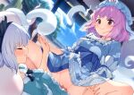  2girls blue_eyes blue_hat censored closed_eyes commentary_request erection futa_with_female futanari girl_on_top green_skirt green_vest hat holding_hands indoors konpaku_youmu konpaku_youmu_(ghost) mob_cap mosaic_censoring multiple_girls penis pink_hair red_eyes saigyouji_yuyuko sex short_hair skirt smile touhou tsuki_tokage variant_set vest white_hair will-o'-the-wisp_(mythology) 