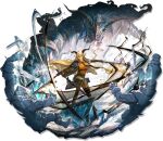  1girl animal_ears arknights belt black_belt black_gloves black_jacket black_necktie black_pants black_shoes blonde_hair breasts brown_horns collared_shirt degenbrecher_(arknights) dress_shirt dual_wielding floating_hair full_body gloves glowing goat_ears goat_girl goat_horns green_pants hair_over_one_eye high_heels highres holding holding_sword holding_weapon horns jacket lapels large_breasts long_hair long_sleeves looking_at_viewer military military_jacket military_uniform monster multiple_swords multiple_weapons necktie official_art open_clothes open_jacket orange_shirt originium_arts_(arknights) pants ryuuzaki_ichi scabbard sheath shirt shoes smile solo standing sword thigh_strap third-party_source transparent_background unsheathed very_long_hair weapon yellow_eyes 