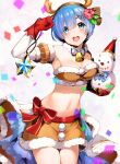  1girl :d absurdres blue_eyes blue_hair breasts christmas cleavage flower gloves hair_flower hair_ornament highres looking_at_viewer medium_breasts midriff nakano_maru navel re:zero_kara_hajimeru_isekai_seikatsu red_flower red_gloves red_rose rem_(re:zero) rose smile snowman solo thighs twitter_username x_hair_ornament 