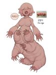  1girl absurdres closed_eyes colored_skin facing_viewer fangs full_body highres monster_girl multiple_legs open_mouth original personification pink_hair pink_skin short_hair simple_background sitting sketch solo sparrowl speech_bubble tardigrade taur white_background 