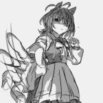  1girl agnes_tachyon_(umamusume) ahoge animal_ears bow bowtie breasts commentary_request flying_sweatdrops hair_between_eyes hand_up highres horse_ears horse_girl huge_ahoge medium_breasts medium_hair pleated_skirt reaching reaching_towards_viewer red_eyes rinka_(tonariuta) sailor_collar school_uniform skirt solo spot_color sweatdrop sweep_tosho_(umamusume) tracen_school_uniform umamusume wolf_cut 