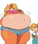  activision anthro belly blush clothing coco_bandicoot crash_bandicoot_(series) duo female hi_res inflation justdavefnd lipstick makeup navel nuumatic overalls tawna_bandicoot thick_thighs video_games 