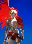 1boy armor blue_background braid breastplate cape closed_mouth cowboy_shot fate/strange_fake fate_(series) faulds feet_out_of_frame floating_cape floating_hair gauntlets highres holding holding_sword holding_weapon long_hair looking_at_viewer male_focus mimulishizi multicolored_hair pauldrons red_cape red_eyes richard_i_(fate) shoulder_armor solo standing streaked_hair sword weapon 