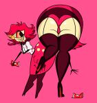  1_eye big_butt breasts butt clothing cyclops demon dress fangs female hair hazbin_hotel hi_res holding_object humanoid niffty_(hazbin_hotel) open_mouth open_smile panties pixelzsinful red_hair simple_background smile solo teeth thick_thighs underwear wide_hips yellow_body 