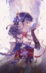  1girl blunt_bangs blurry braid breasts bridal_gauntlets chinese_commentary cleavage closed_mouth commentary_request commission depth_of_field falling_petals flower genshin_impact hair_ornament hair_over_shoulder highres japanese_clothes kimono large_breasts lofter_username long_braid neck_ribbon no_mole off_shoulder petals purple_background purple_eyes purple_hair purple_kimono raiden_shogun red_ribbon red_sash ribbon sash single_braid solo standing upper_body wisteria wnmuwnmu 
