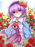  1girl closed_mouth flower hair_flower hair_ornament happy highres komeiji_satori looking_at_viewer pink_hair red_flower red_rose rose short_hair smile solo third_eye touhou unory 