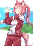  1girl absurdres animal_ears blue_sky blush bow breasts closed_mouth commentary_request ear_bow ear_covers flower-shaped_pupils flower_in_eye gym_uniform hairband haru_urara_(umamusume) headband highres horse_ears horse_girl horse_tail jacket long_hair pants pink_eyes pink_hair pink_headband ponytail red_headband red_jacket red_pants red_track_suit sky small_breasts smile solo stretching symbol-shaped_pupils symbol_in_eye tail tracen_training_uniform track_jacket track_pants track_suit uji_(966qrr) umamusume 