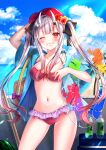  1girl ass_visible_through_thighs bag baseball_cap beach bikini blush bottle breasts cloud cloudy_sky colored_tips commentary_request cowboy_shot day floral_print flower food fruit grey_hair grin hair_flower hair_ornament hand_on_own_head haruhitooo hat highres hololive horns innertube long_hair medium_breasts multicolored_hair nakiri_ayame navel one_eye_closed oni_horns outdoors polka_dot polka_dot_bikini red_bikini red_eyes red_hair shoulder_bag sky smile solo streaked_hair swimsuit transparent twintails virtual_youtuber water_bottle watermelon 