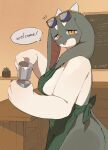 2026 4_fingers anthro apron apron_only barista big_breasts breasts butt cafe chalkboard clothing container countertop cup curvy_figure detailed_background dialogue dragon ear_on_shoulder emanata english_description english_text eyebrows eyewear eyewear_on_head fangs female fingers floppy_ears green_apron green_clothing hairless half-closed_eyes hi_res holding_container holding_cup holding_object horn kemono latte_(sme4) looking_at_viewer milk multicolored_body mythological_creature mythological_scalie mythology narrowed_eyes non-mammal_breasts open_mouth open_smile orange_eyes pink_inner_ear plant plant_pot portrait potted_plant pouring_drink pouring_milk pupils scalie shelf side_view slit_pupils sme4 smile smiling_at_viewer snout solo speech_bubble sunglasses sunglasses_on_head tail tan_body teeth text thick_thighs three-quarter_portrait tired_eyes triangle_eyebrows white_body white_eyebrows