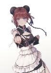  1girl 85968106 absurdres braid breasts brown_hair bun_cover cleavage corset detached_sleeves double_bun hair_bun heart highres incoming_attack incoming_punch looking_at_viewer maid motion_blur original punching purple_eyes solo white_background 