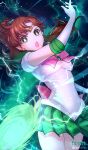  1girl bishoujo_senshi_sailor_moon bow brown-haired_cat_girl_(kevbot) earrings gloves green_eyes green_sailor_collar green_skirt hair_bobbles hair_ornament high_ponytail highres jewelry kino_makoto long_hair looking_at_viewer open_mouth pink_bow rasneko sailor_collar sailor_jupiter skirt tiara white_gloves 