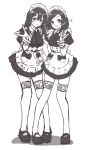  2girls absurdres alternate_costume apron collared_shirt commentary_request dress enmaided frilled_apron frills full_body greyscale highres kantai_collection kuroshio_(kancolle) long_hair maid maid_headdress mary_janes monochrome motizou multiple_girls oyashio_(kancolle) shirt shoes short_hair thighhighs v 