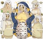  1girl arrow_(symbol) bakuatsukiyu bare_shoulders birch_tree black_eyes blue_cloak censored cloak colored_tongue english_commentary english_text green_tongue hairband hands_on_own_face hat high-waist_skirt hood hood_up hooded_cloak long_hair looking_at_viewer minecraft multiple_views no_sclera novelty_censor object_and_personification one_eye_closed overall_skirt personification reference_inset shirt signature skirt sleeveless sleeveless_shirt tree white_background white_hair 