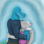 1:1 2026 2_tails 4_fingers 5_fingers adobe_photoshop_(artwork) alligatorid anthro artist_logo azrael_(tertia) azurlligator bent_arm black_bottomwear black_claws black_clothing black_lips black_nose blue_background blue_body blue_claws blue_clothing blue_scales blue_scar blue_shirt blue_tail blue_topwear blush bottomwear canid canine canis claws closed_smile clothed clothed_anthro clothed_male clothing colored crocodilian digital_drawing_(artwork) digital_media_(artwork) duo english_description eyebrows eyes_closed facial_scar finger_claws fingers fully_clothed fully_clothed_anthro fully_clothed_male grey_tail hair half-closed_eyes head_on_chest hi_res holidays hug hugging_another hugging_partner inner_ear_fluff interspecies larger_anthro larger_male light lighting lips logo long_tail looking_down looking_down_at_partner love male male/male male_anthro mammal membrane_(anatomy) mouth_closed multi_tail narrowed_eyes nathile_tiduna neck_tuft pockets purple_bottomwear purple_clothing purple_shirt purple_topwear reptile saggy_neck scales scalie scar scuted_tail scutes shaded shirt simple_background size_difference skywater smaller_anthro smaller_male smile smiling_at_another smiling_at_each_other tail thick_bottom_lip topwear tuft valentine's_day wavy_hair webbed_hands whiskers white_eyebrows white_hair white_inner_ear_fluff wolf yellow_scutes