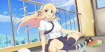  1girl :d blonde_hair blue_necktie blue_ribbon blue_shoes blue_skirt blue_sky blue_socks blue_trim blush breast_pocket breasts building cheese city cityscape cloud cloudy_sky crossed_legs day door drink_carton food green_eyes hair_ribbon hanzou_academy_school_uniform highres katsuragi_(senran_kagura) large_breasts long_hair looking_at_viewer lunch milk_carton miniskirt mountainous_horizon multicolored_shoes necktie non-web_source official_art on_rooftop open_mouth outdoors plant pleated_skirt pocket radio_tower ribbon sandwich school school_uniform senran_kagura senran_kagura_new_link senran_kagura_shoujo-tachi_no_shin'ei shirt shoes sitting skirt sky skyscraper smile socks solo tile_floor tiles tree two-tone_shoes very_long_hair volleyball white_shirt white_shoes window yogurt 