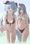  2girls absurdres ahoge arms_at_sides bangs bikini black_bikini blue_bikini blue_hair braid braided_ponytail breasts cleavage collarbone cowboy_shot curled_horns front-tie_bikini front-tie_top ganyu_(genshin_impact) genshin_impact goat_horns grey_bikini grey_hair hair_over_one_eye hands_on_thighs highres horns leaning_forward long_hair looking_at_viewer low_ponytail me0i medium_breasts mismatched_bikini multicolored_eyes multiple_girls navel open_mouth purple_eyes reaching_out shared_clothes shenhe_(genshin_impact) sidelocks swimsuit underboob very_long_hair wading white_hair 