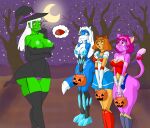 5_fingers anthro big_breasts blue_body blue_eyes blue_fur bow_ribbon breasts brown_eyebrows brown_hair butt canid canine clothed clothing cookingart costume dipstick_ears dipstick_tail domestic_cat dress ear_markings eyebrows felid feline felis female fingers food fur gloves gloves_(marking) green_body green_nipples group hair halloween halloween_costume handwear hat headgear headwear hi_res holding_object holidays human leg_markings leggings legwear mammal markings meat moon multicolored_body multicolored_ears multicolored_fur nervous night nipple_slip nipples open_mouth orange_eyes outside panties pink_body pink_eyebrows pink_fur pink_hair plant red_eyes shaded socks_(marking) standing star tail tail_markings tan_body tan_fur tongue tongue_out tree underwear white_eyebrows white_hair witch_hat yellow_eyes