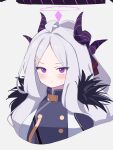  1girl absurdres ahoge bangs black_jacket blue_archive blush cropped_torso grey_background grey_hair hair_ornament hairclip halo highres hina_(blue_archive) horns jacket long_hair looking_at_viewer multiple_horns parted_bangs purple_eyes simple_background solo sweat uhouhogorigori upper_body 