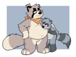  2022 anthro belly big_belly biped black_nose blush bodily_fluids brown_body canid canine duo embrace grey_body hi_res hug humanoid_hands mammal procyonid raccoon raccoon_dog rodraccoon simple_background sweat tanuki 