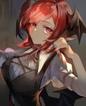  1girl :/ bangs bat_wings breasts head_wings highres koakuma looking_at_viewer nail_polish puffy_sleeves red_eyes red_hair red_nails risui_(suzu_rks) shirt solo swept_bangs touhou upper_body vest white_shirt wings 