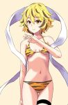  1girl animal_print bare_arms bikini blonde_hair breasts breasts_apart brown_bikini brown_hair collarbone commentary_request cowboy_shot double-parted_bangs hagoromo hair_between_eyes hand_up highres jack_(wkm74959) looking_at_viewer medium_hair messy_hair multicolored_bikini multicolored_hair navel print_bikini shawl simple_background small_breasts smile solo standing stomach streaked_hair swimsuit thigh_strap tiger_print tiger_print_bikini toramaru_shou touhou two-tone_bikini white_shawl yellow_background yellow_bikini yellow_eyes 