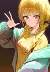  1girl absurdres black_ribbon blonde_hair blush braid chinese_commentary commentary fujita_kotone funengliang_(naidesu) gakuen_idolmaster hair_ribbon highres idolmaster jacket jacket_partially_removed long_hair long_sleeves looking_at_viewer multicolored_jacket ribbon shirt smile solo twin_braids upper_body w yellow_eyes yellow_shirt 