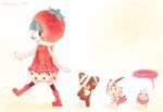  1girl 2025 abcdef-t absurdres bandages blue_hair blush bomber_mimmi boots collage_(medium) commentary dress english_commentary english_text faux_traditional_media food from_side fruit fruit_hat full_body highres new_year ochamekan_(seranji_poji) polka_dot_boots red_boots red_dress romaji_text sentient_stuffed_toy serani_poji short_hair solid_oval_eyes speech_bubble strawberry stuffed_animal stuffed_toy teddy_bear unconventional_media walking 