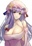  .me 1girl bare_shoulders bow breasts cleavage crescent crescent_hat_ornament hat hat_ornament large_breasts long_hair mob_cap off_shoulder patchouli_knowledge purple_eyes purple_hair simple_background solo touhou 