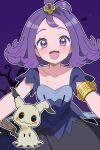  1girl absurdres acerola_(pokemon) armlet black_dress blue_dress blush collarbone commentary_request dress flipped_hair hair_ornament highres jewelry looking_at_viewer mimikyu odorukaminoke open_mouth pokemon pokemon_(creature) pokemon_sm purple_eyes purple_hair short_hair short_sleeves smile solid_oval_eyes topknot torn_clothes torn_dress 