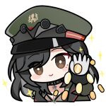  1girl artist_request black_hair brown_eyes chibi chibi_only chinese_commentary choker coin commentary_request general_liu_(girls'_frontline) girls'_frontline girls'_frontline_2:_exilium gold_coin hat liushih_(girls'_frontline_2) lowres mole mole_under_eye official_art peaked_cap second-party_source smile solo sparkle throwing throwing_money transparent_background 