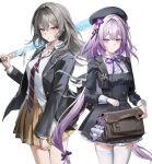 2girls absurdres alternate_costume bandaid bandaid_on_cheek bandaid_on_face baseball_bat black_coat black_shirt black_skirt black_vest breasts brown_skirt buttons castorice_(honkai:_star_rail) chii_(chiiriring) coat double-breasted grey_hair hashtag-only_commentary highres holding holding_baseball_bat honkai:_star_rail honkai_(series) long_hair looking_at_viewer medium_breasts medium_hair multiple_girls purple_eyes purple_hair shirt simple_background skirt stelle_(honkai:_star_rail) thighhighs thighs trailblazer_(honkai:_star_rail) very_long_hair vest white_background white_shirt white_thighhighs yellow_eyes zettai_ryouiki 