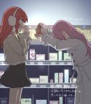  2girls black_skirt blush bocchi_the_rock! coat commentary ear_blush earmuffs giving gotoh_hitori green_eyes grey_jacket jacket kita_ikuyo long_hair look4_osagashi looking_at_another multiple_girls open_mouth pink_hair red_hair shop skirt translation_request twitter_username valentine white_coat yuri 