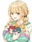  blonde_hair blush braid brown_ribbon character_doll chibigurumi commentary_request doll fang fujita_kotone gakuen_idolmaster hair_ribbon hanami_saki highres hugging_doll hugging_object idolmaster jacket looking_at_viewer multicolored_jacket ribbon shirt simple_background skin_fang smile tsukimura_temari twin_braids upper_body waferbiscuit white_background yellow_eyes yellow_shirt 