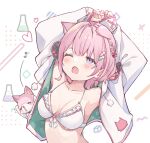  1girl animal_ears antenna_hair arm_cutout arm_up bare_shoulders bikini blush bow braid breasts clothing_cutout collarbone commentary extra_ears fang fingernails flask frilled_bikini frills green_hoodie hair_bow hair_ornament hairclip hakui_koyori hakui_koyori_(summer) heart heraraido_re hexagon_print highres hololive hood hoodie kokoro_(hakui_koyori) large_breasts long_sleeves looking_up medium_hair nail_polish one_eye_closed open_clothes open_hoodie open_mouth pink_bow pink_hair pink_nails pom_pom_(clothes) purple_eyes stretching swimsuit tearing_up translation_request two-tone_hoodie virtual_youtuber white_background white_bikini white_hoodie wolf_ears wolf_girl 