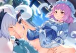  2girls blue_eyes blue_hat censored closed_eyes commentary_request erection futa_with_female futanari girl_on_top green_skirt green_vest hat holding_hands indoors konpaku_youmu konpaku_youmu_(ghost) mob_cap mosaic_censoring multiple_girls open_mouth penis pink_hair red_eyes saigyouji_yuyuko sex short_hair skirt smile touhou tsuki_tokage variant_set vest white_hair will-o'-the-wisp_(mythology) 