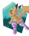  clothing female feral fluffy footwear genitals grass hi_res kiboshx looking_at_viewer lying lying_on_ground nintendo on_front paws pikachu plant pok&eacute;mon pok&eacute;mon_(species) presenting presenting_pussy pussy simple_background socks solo video_games 