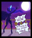 1_horn anthro back_wings black_border blue_body blue_feathers blue_fur blueycitrus border breasts butt dialogue embarrassed equid equine eyelashes feathered_wings feathers female friendship_is_magic fur glowing glowing_horn hair hasbro hi_res hooves horn long_hair looking_at_viewer looking_back looking_back_at_viewer mammal moon my_little_pony mythological_creature mythological_equine mythology night nude princess_luna_(mlp) purple_hair rear_view small_breasts solo speech_bubble text thick_thighs wide_eyed wide_hips winged_unicorn wings