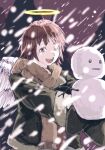  1girl :d angel brown_hair brown_scarf commentary english_commentary feathered_wings fur-trimmed_jacket fur_trim green_jacket haibane_renmei halo highres holding_snowman jacket medium_hair mittens oisiiidoo outdoors rakka_(haibane_renmei) scarf smile snow snowman solo traditional_halo wind wings winter winter_clothes 