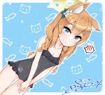  1girl animal_ears blue_archive blue_background blue_eyes blush breasts cat_ears cleavage collarbone commentary_request dutch_angle hair_ornament halo highres mari_(blue_archive) medium_hair orange_hair own_hands_together shiki_hicage small_breasts smile solo 