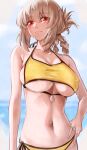  1girl absurdres bangs bare_shoulders bikini braid braided_ponytail breasts cleavage collarbone fate/grand_order fate_(series) florence_nightingale_(chaldea_lifesavers)_(fate) florence_nightingale_(fate) folded_ponytail highres large_breasts long_hair looking_at_viewer navel pink_hair red_eyes smile solo swimsuit underboob yellow_bikini yoshimoto_(carpsukidayo) 