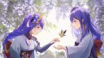  2girls absurdres back_bow bear_minstrel bird blunt_bangs blurry blurry_background bow braid bridal_gauntlets chinese_commentary closed_mouth commentary_request depth_of_field fan_hair_ornament flower from_side genshin_impact hair_ornament highres japanese_clothes kimono light_blush light_smile long_braid long_sleeves looking_at_animal looking_down makoto_(genshin_impact) multiple_girls neck_ribbon outdoors parted_lips purple_eyes purple_hair purple_kimono raiden_shogun red_bow red_sash ribbon sash shade siblings single_braid sisters twins upper_body wide_sleeves wisteria 