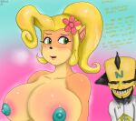  activision anthro areola big_breasts blonde_hair blush breasts coco_bandicoot crash_bandicoot_(series) doctor_neo_cortex duo female fur grin hair huge_breasts human male mammal nipples sekkmor smile text video_games 
