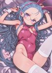  1girl animal_ear_hairband animal_ears arms_up artist_name blue_hair bow bowtie breasts cameltoe commentary_request covered_navel covered_nipples detached_collar fake_animal_ears forehead glasses hairband highleg highleg_leotard highres leotard long_hair looking_at_viewer lying nagatsuka_saki on_back paid_reward_available pasties pink_bow pink_bowtie playboy_bunny puddinghomhom purple_eyes rabbit_ear_hairband rabbit_ears rabbit_tail rou-kyuu-bu! small_breasts solo strapless strapless_leotard tail thighhighs very_long_hair white_thighhighs white_wrist_cuffs wrist_cuffs 